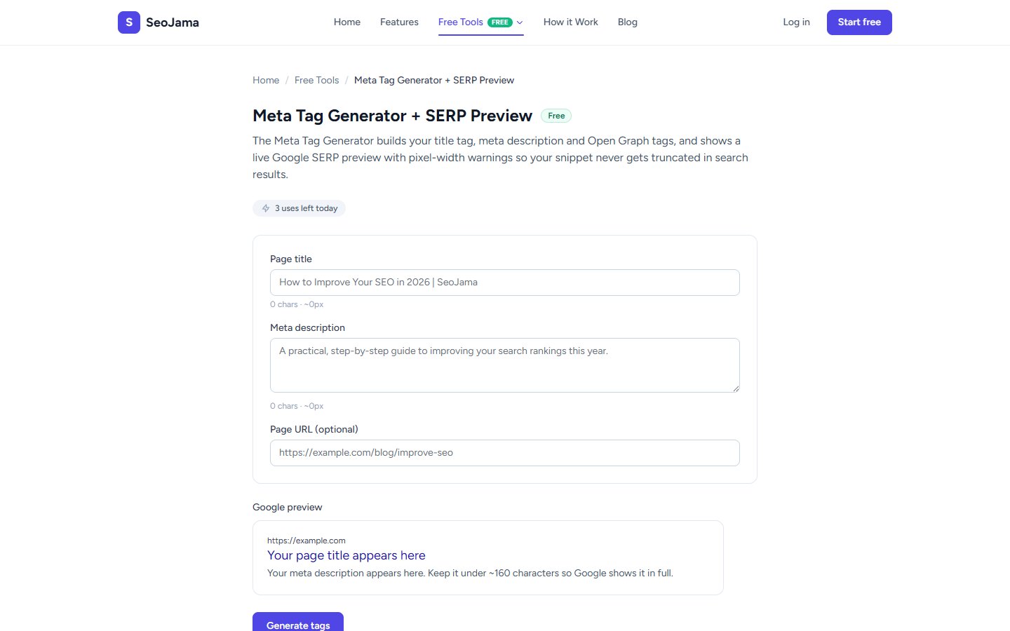 Meta Tag Generator + SERP Preview