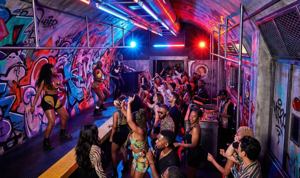 Inside a Monrovia nightclub with DJ booth and dancing crowd