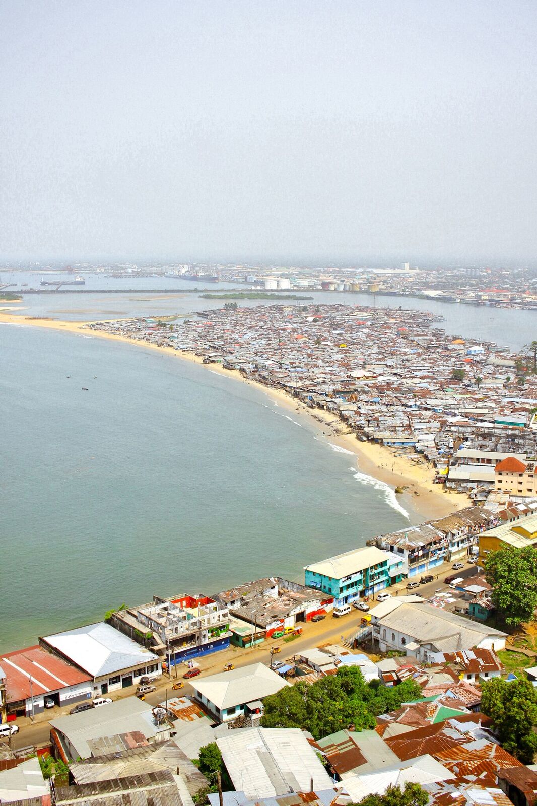 Aerial view of Monrovia Liberia coastline with Atlantic Ocean
