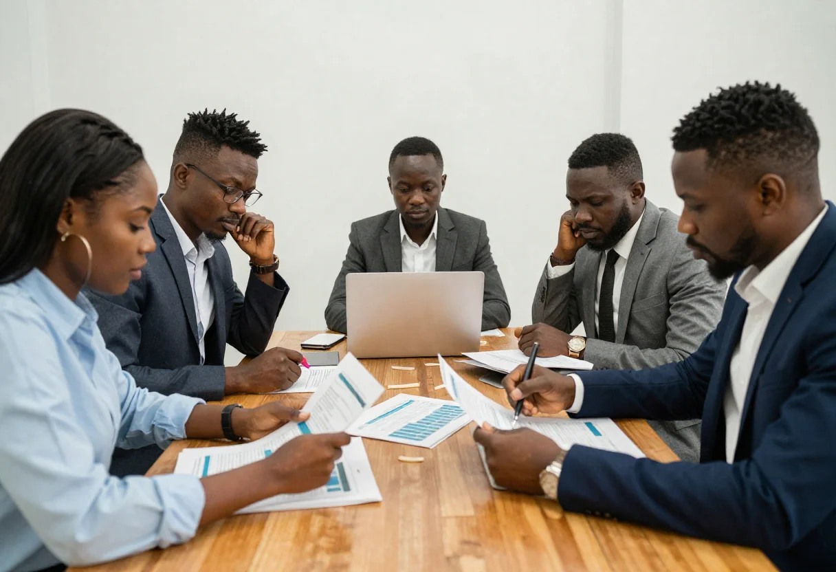 business meeting investors reviewing documents in Liberia