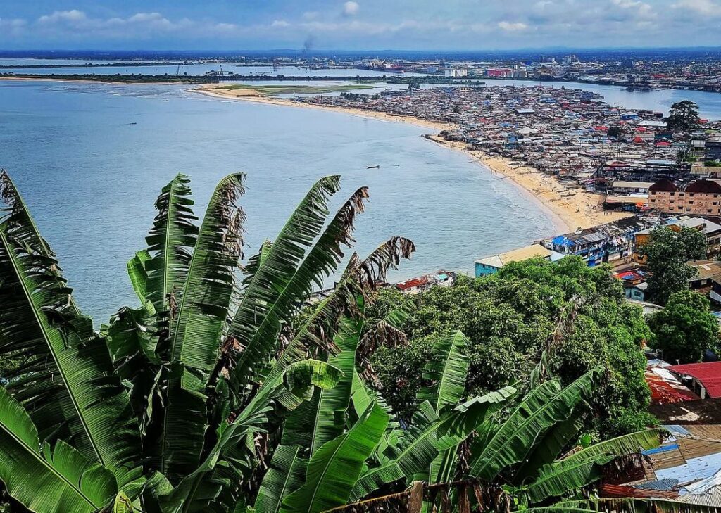 Aerial view of Monrovia Liberia coastline and city