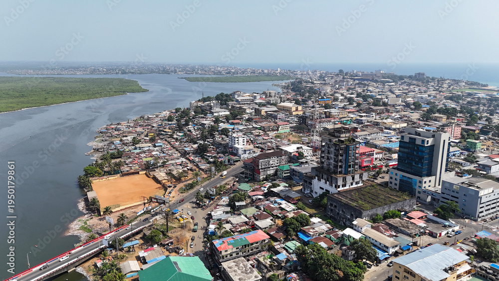 Aerial view of Monrovia Liberia business district and port