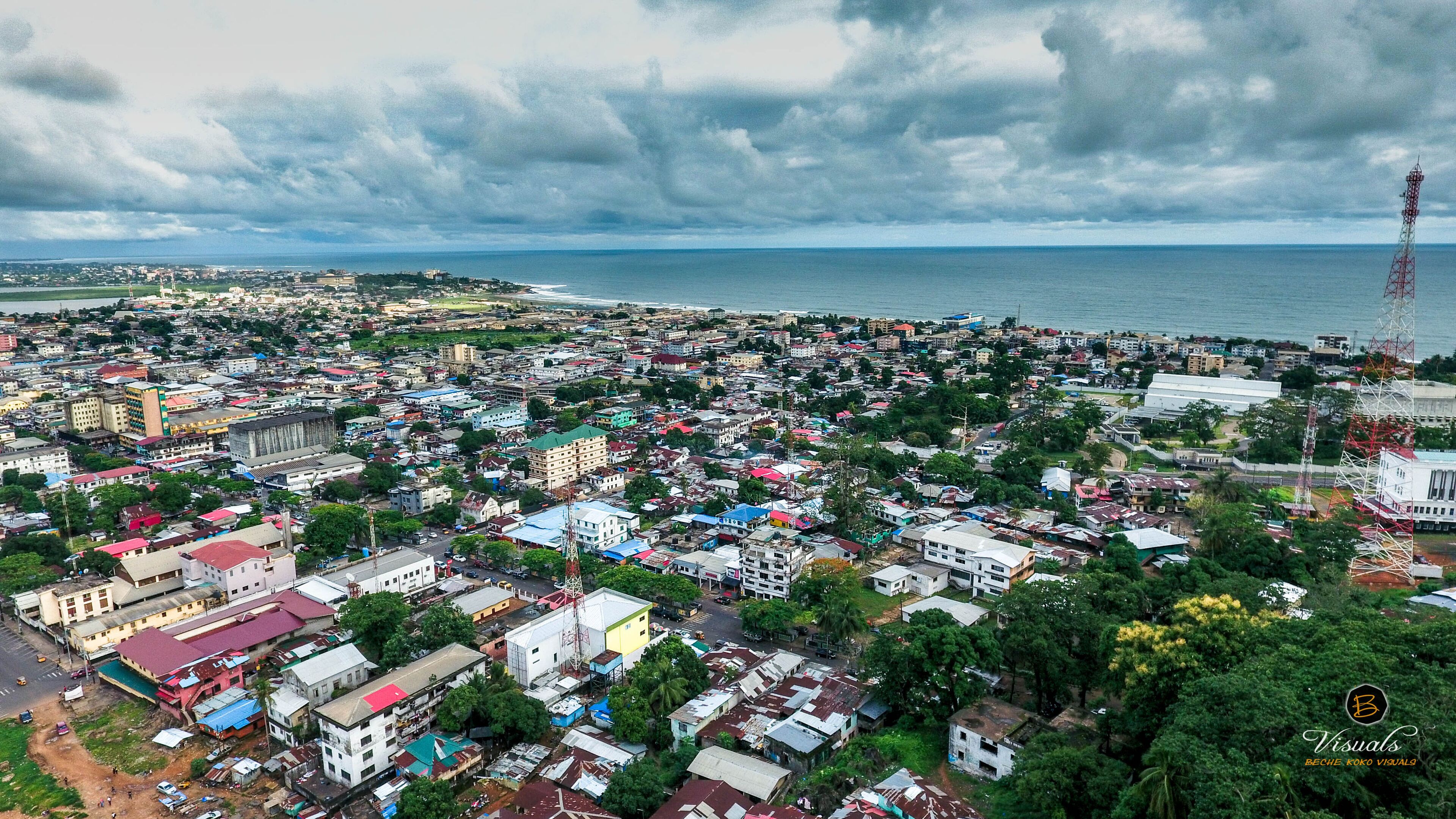 Aerial view of Monrovia Liberia coastline at sunset