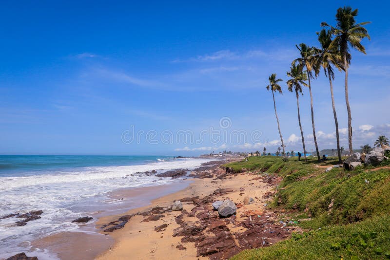 Aerial view of a pristine West African beach with Atlantic waves and palm trees