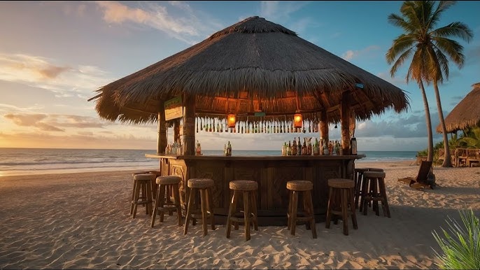 Beach bar with music and lights on a tropical African coast at sunset