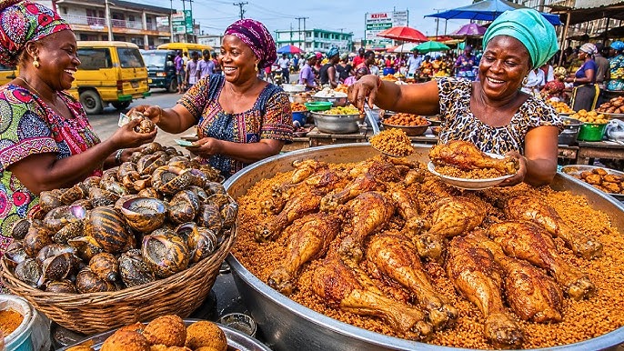 Colorful Liberian market scene with vendors and shoppers in Monrovia