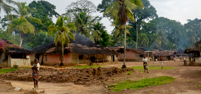 Traditional Liberian village with thatched-roof huts and community gathering