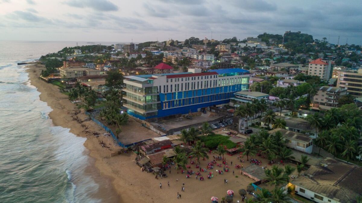 Aerial view of Monrovia coastline with Atlantic Ocean and resort area