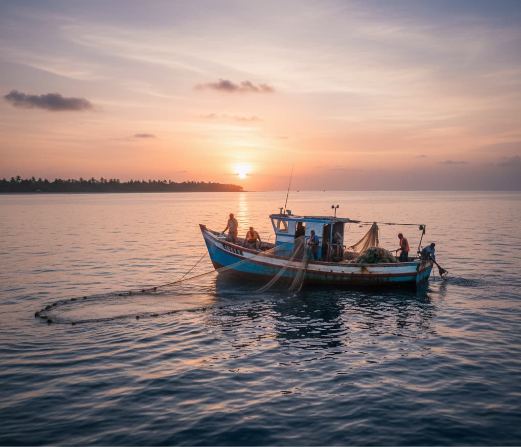Liberian fishing village on beach with traditional canoes at sunrise