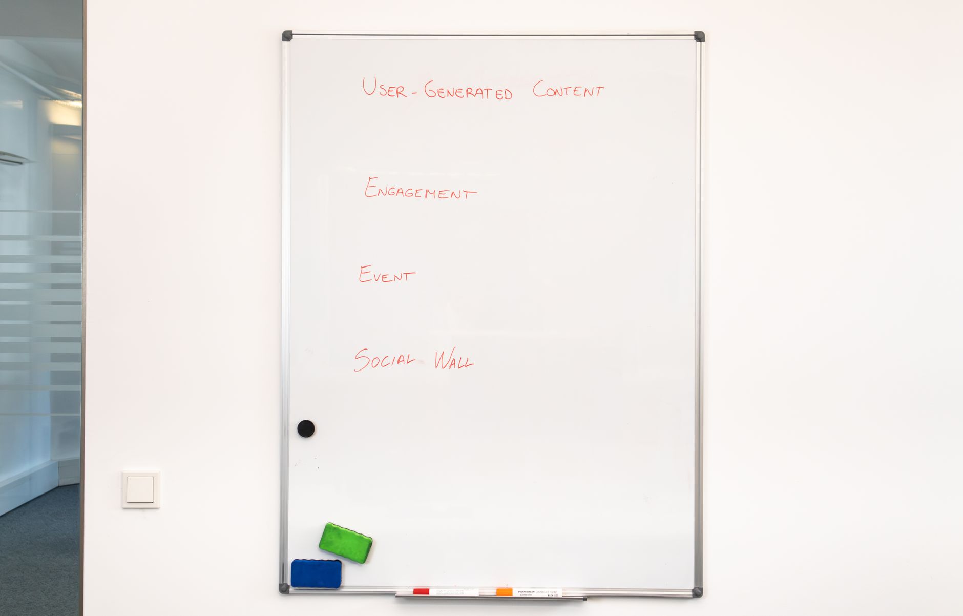 Content strategy planning with sticky notes and ratio breakdown on whiteboard