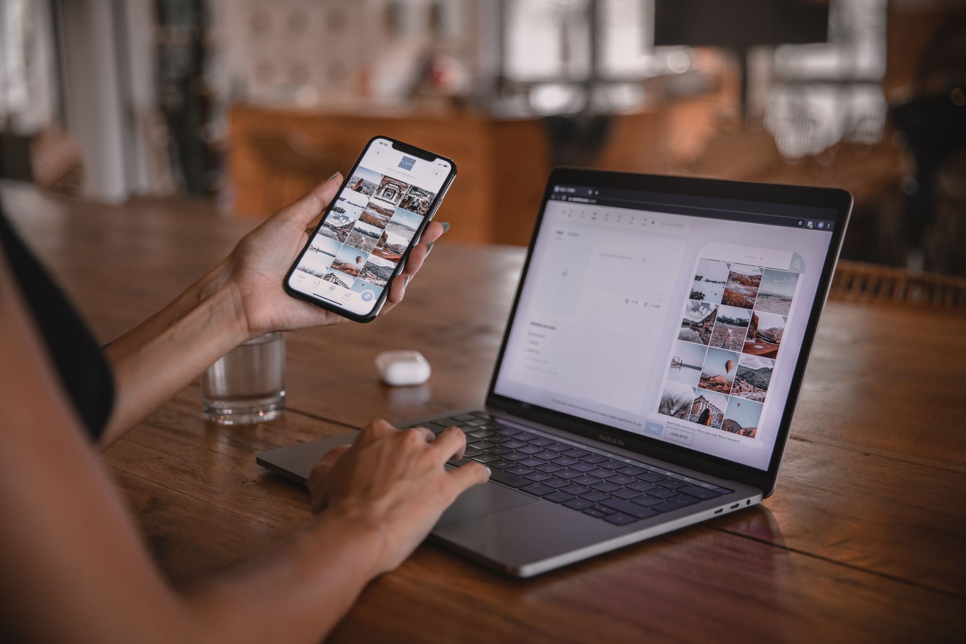 Social media manager reviewing AI-generated content workflow on a laptop dashboard