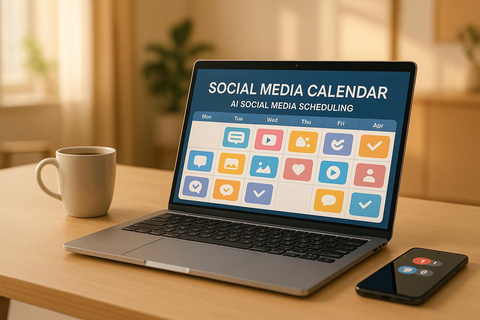 Person using AI social media scheduling tool on laptop