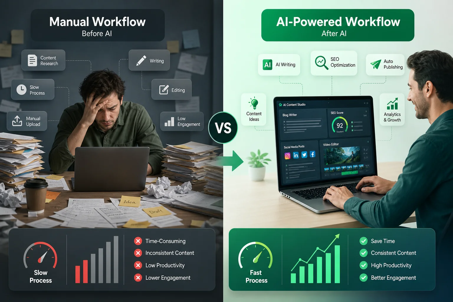 AI content creation workflow on laptop with social media analytics dashboard