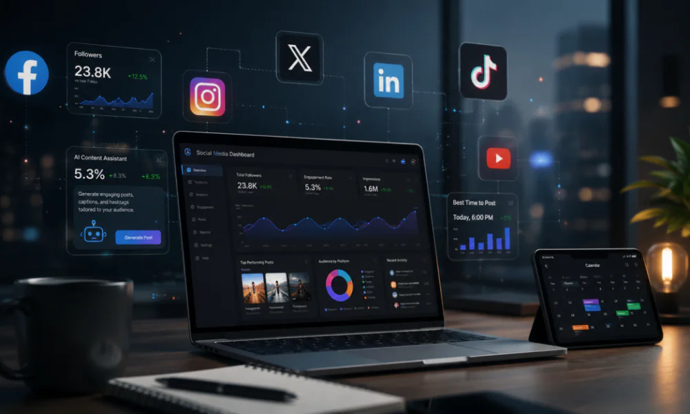 AI tools dashboard showing social media caption generation interface on a laptop