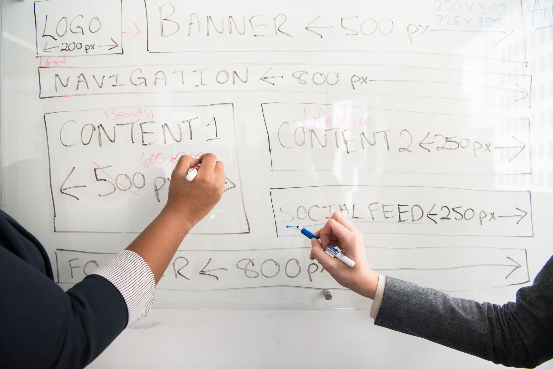 Content strategist mapping editorial calendar on whiteboard