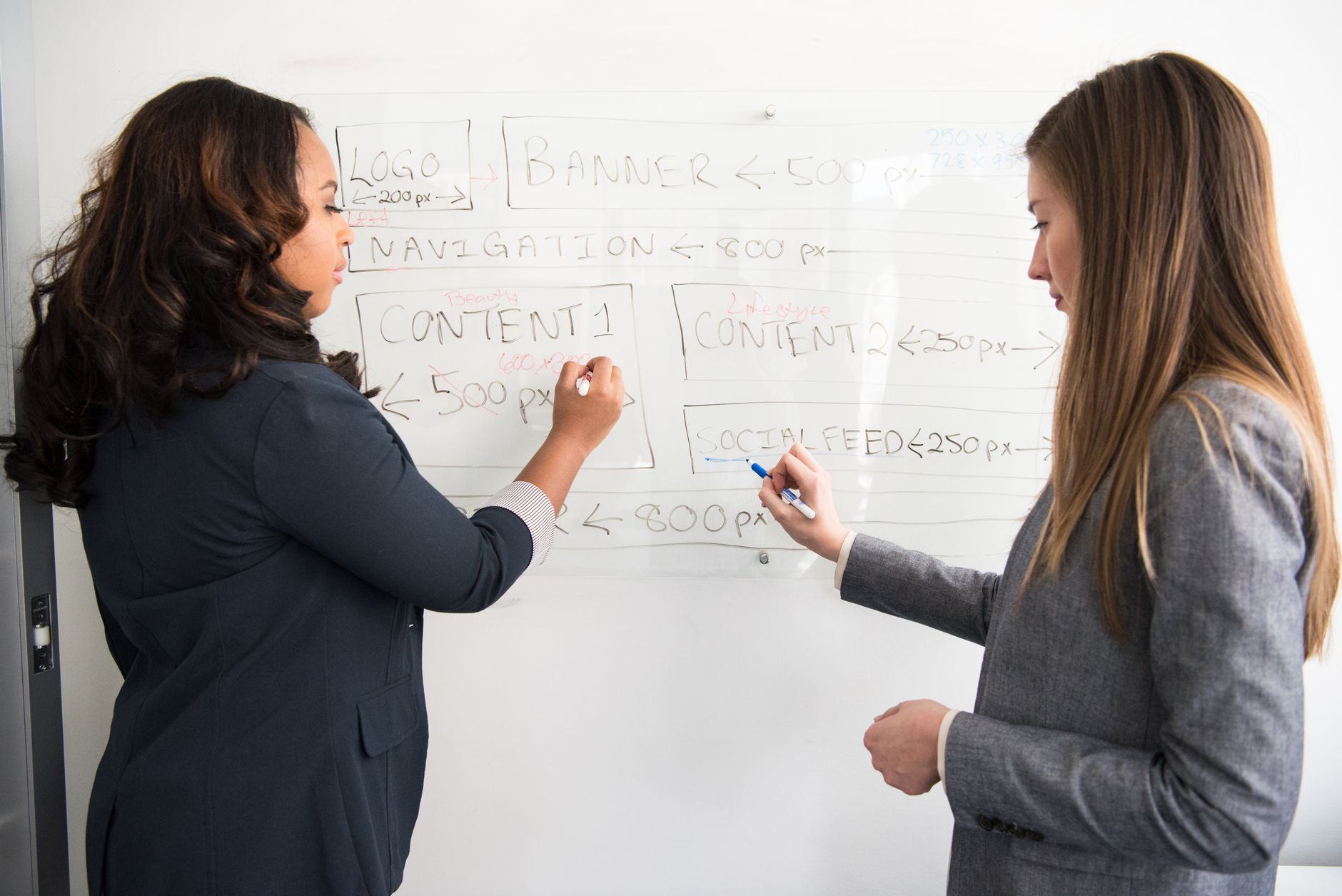 Content strategist planning a digital marketing blog calendar on a whiteboard