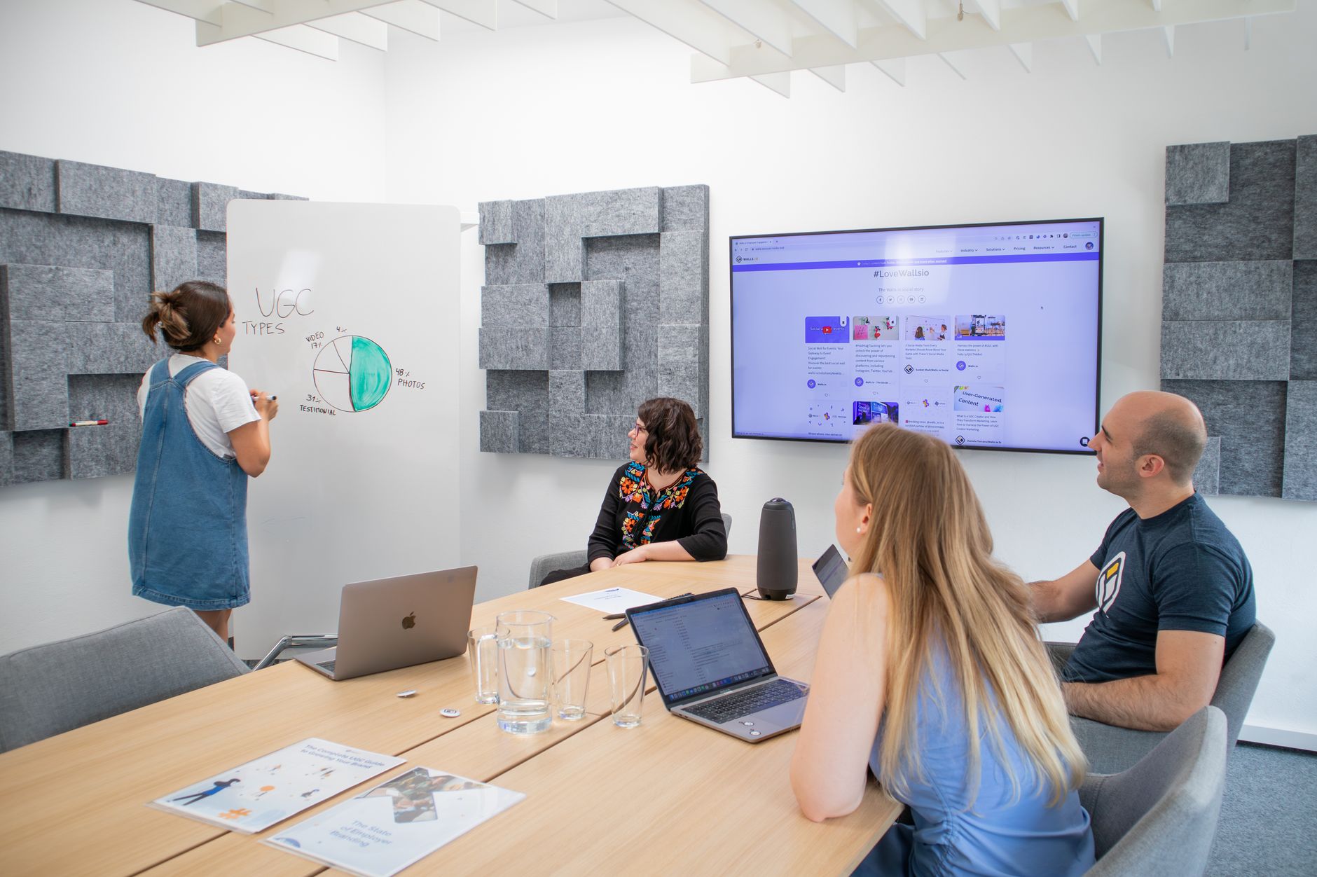 Marketing team planning editorial calendar on a whiteboard