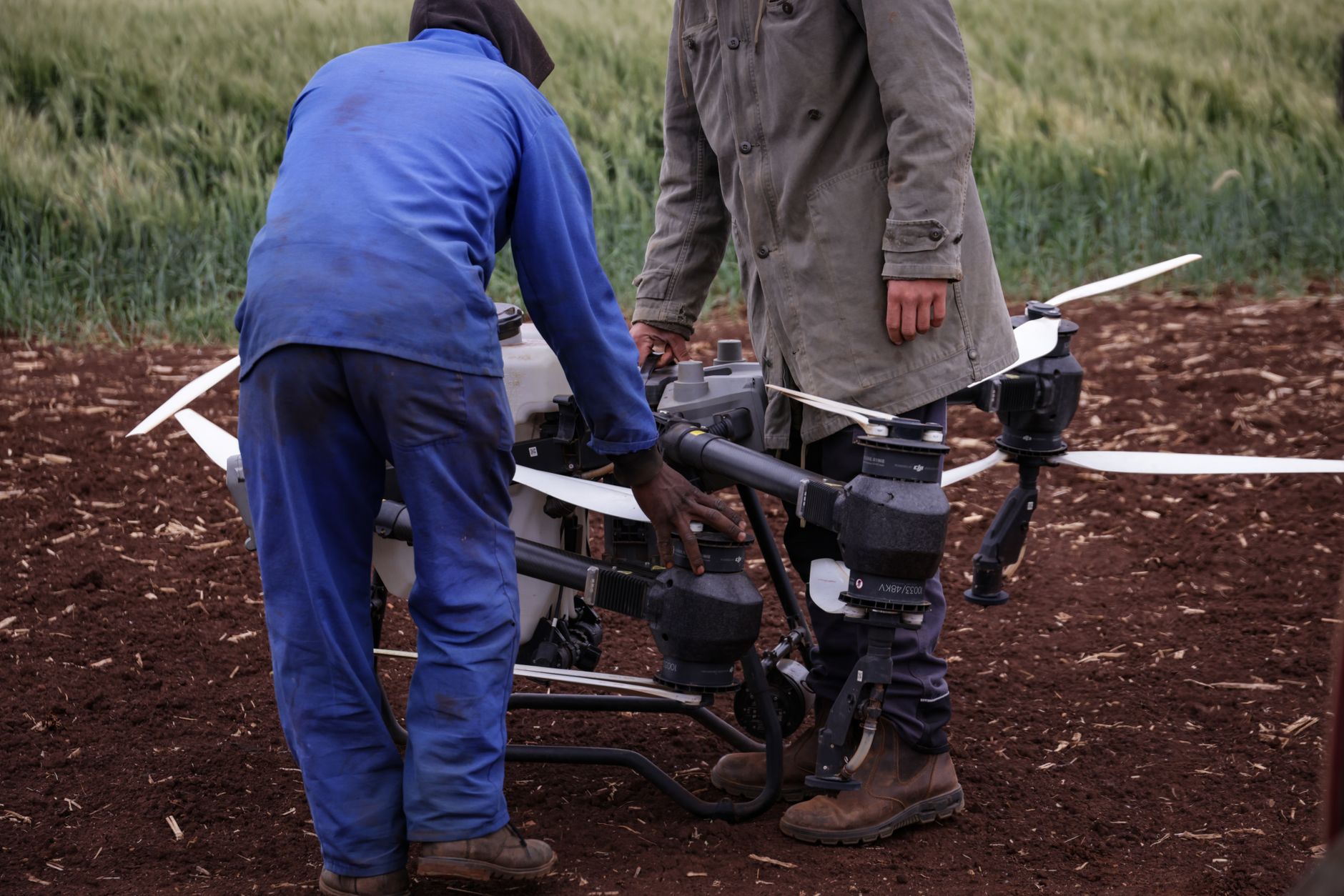 African farmer using smartphone to monitor crops in a field