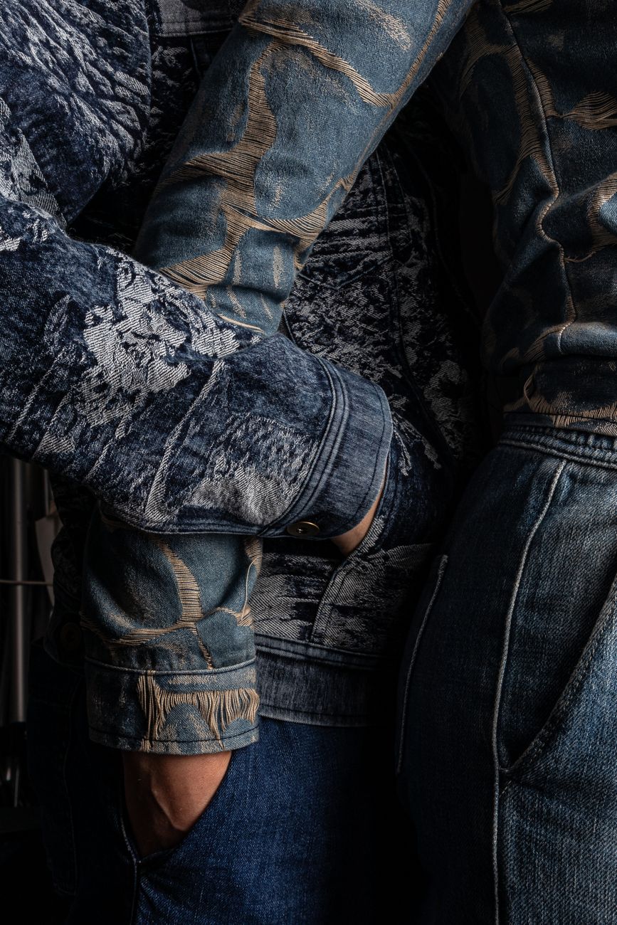 Denim jacket with cotton wreath embroidery representing African American history