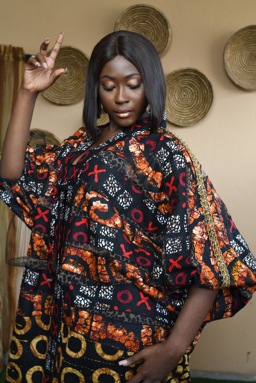 African couture fashion with traditional Malian bogolan mudcloth textile