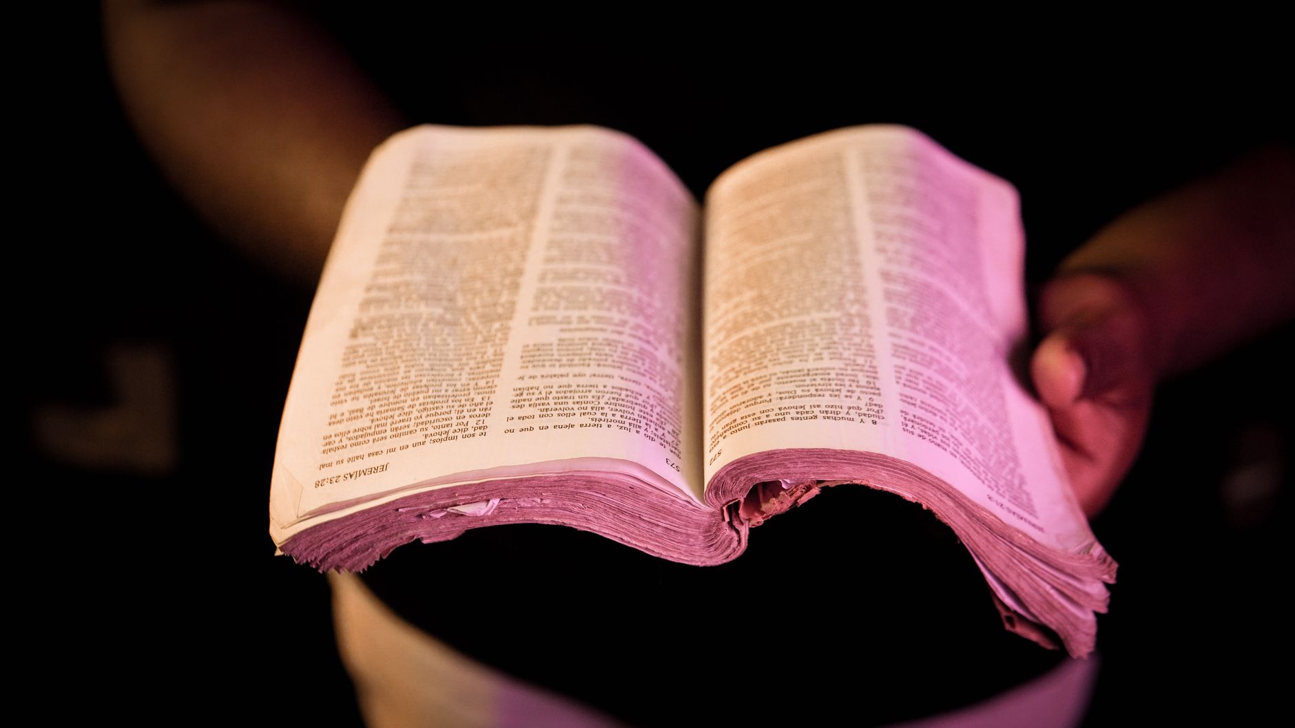Person reading a physical Bible with highlighted passages open on a wooden desk