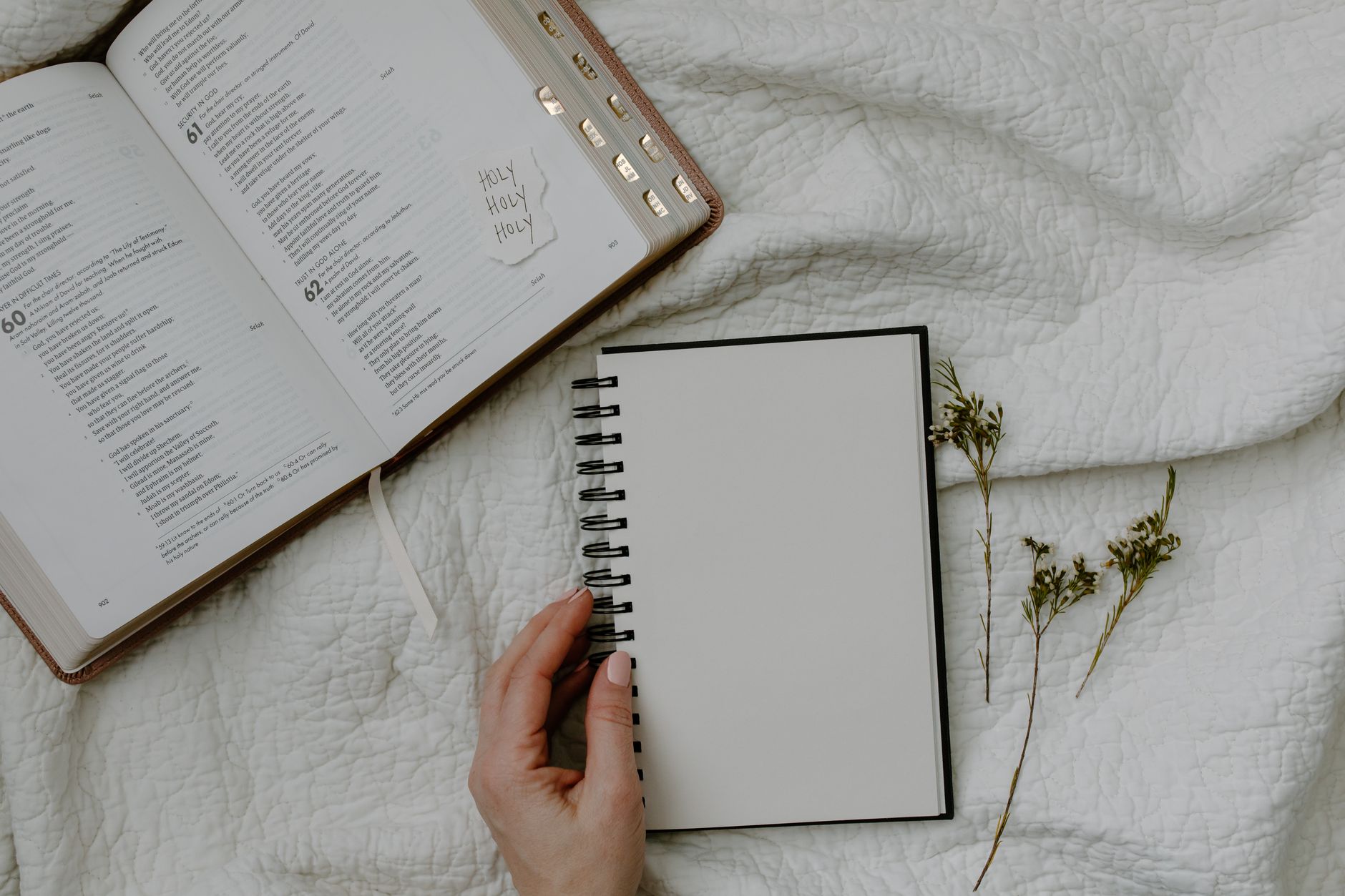Person reading an open Bible with a notebook and pen for scripture study