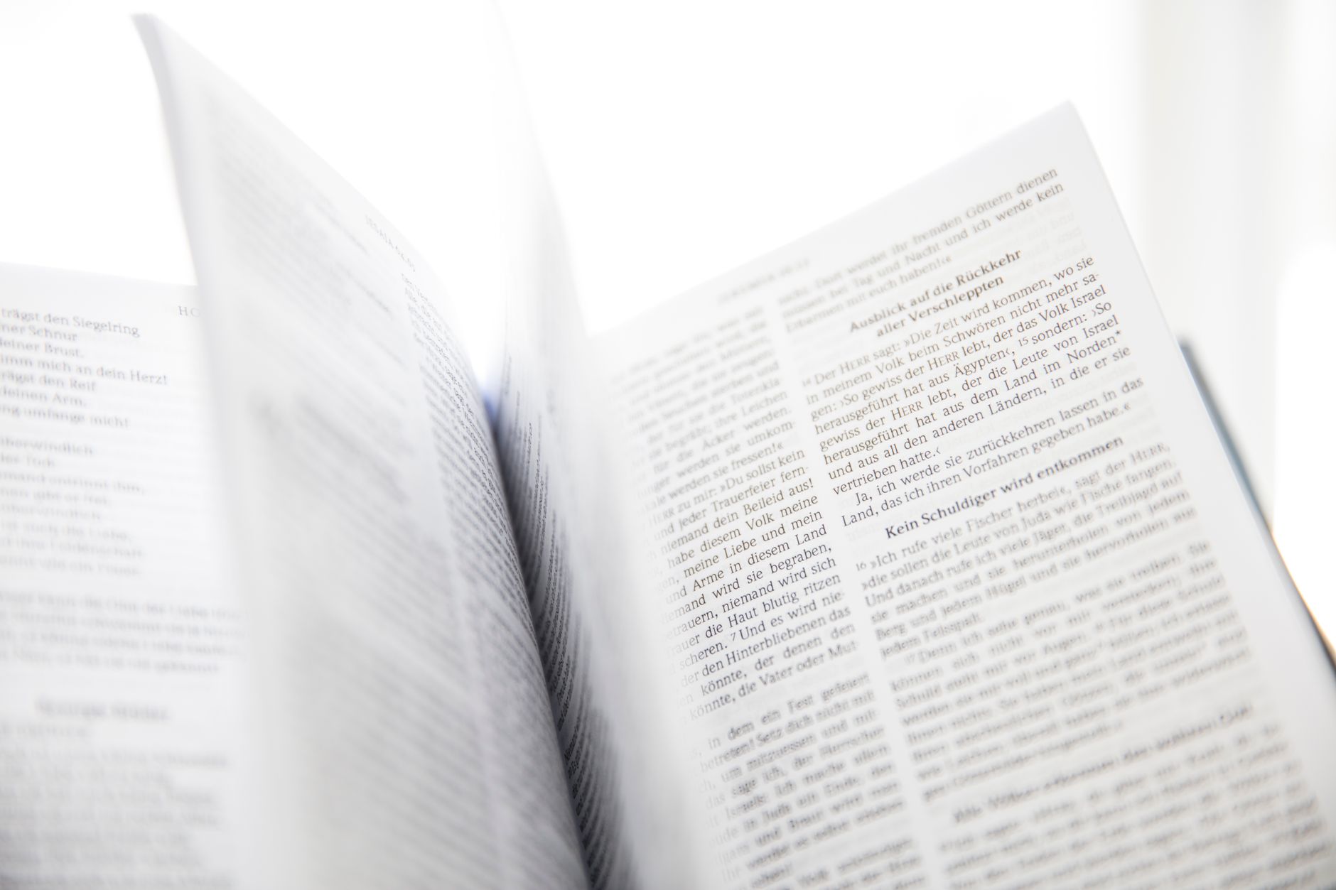Open Bible with multiple translation pages side by side on a wooden desk